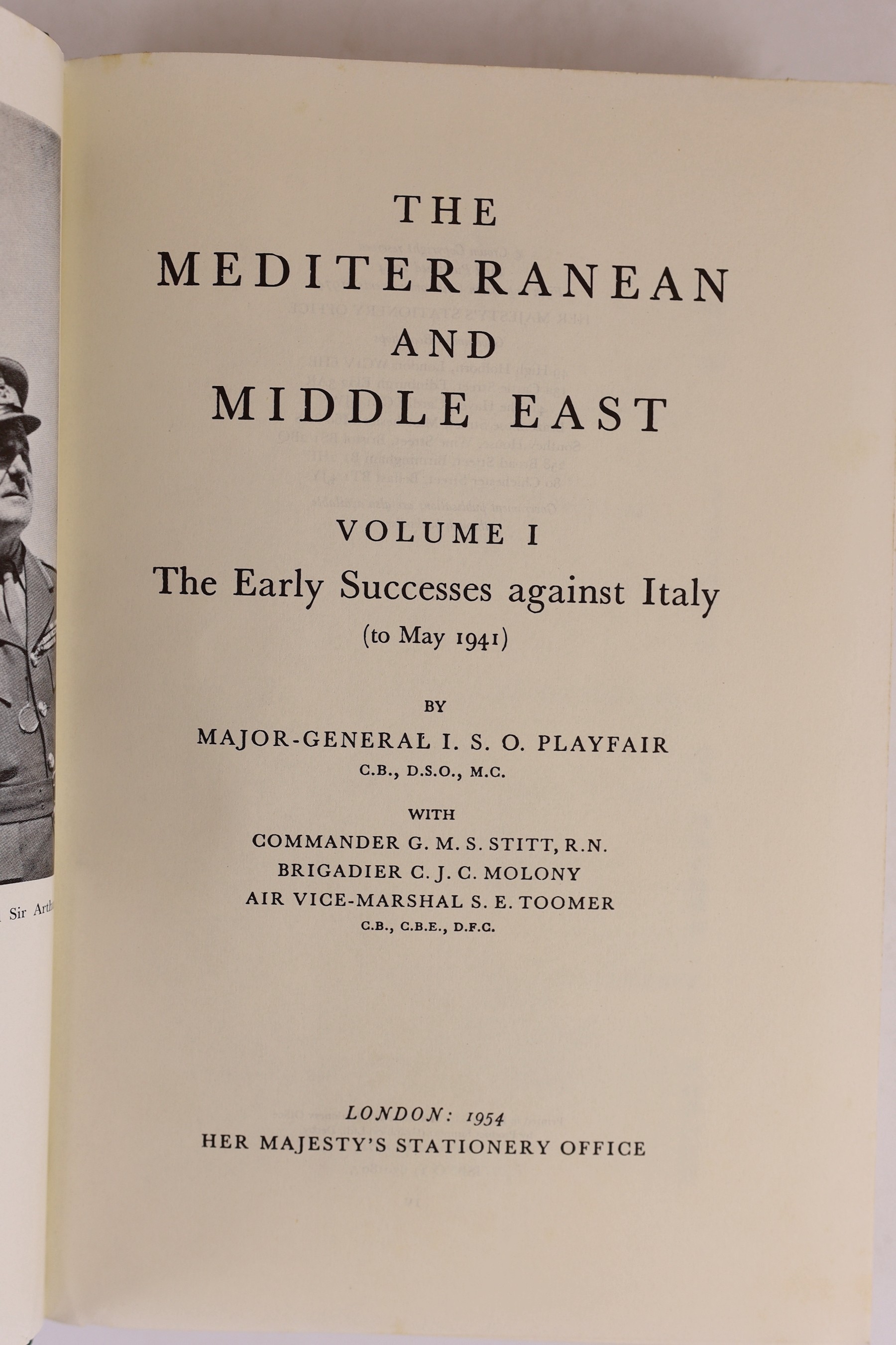 Playfair, S.O (Maj.-Gen) et al - History of the Second World War. The Mediterranean and the Middle East, 6 vols in 8, 8vo, cloth with d/j’s, 4 vols with library stickers to front fly leaves, HMSO, London, 1954-1988